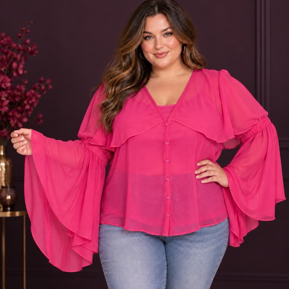 Truth NYC 2X Hot Pink Sheer Bell Sleeve Plus Top Barbiecore Fairycore Ren Faire